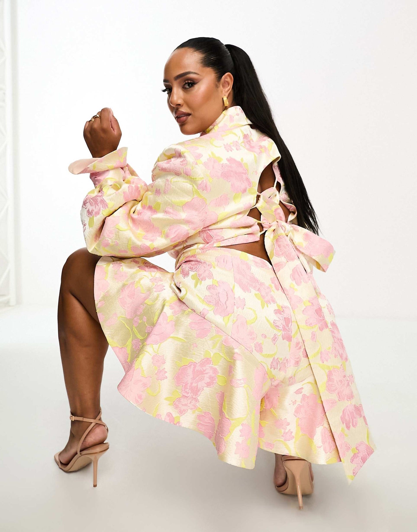Curve Jacquard Cropped Blazer With Bow Back & Cuff Tie Detail