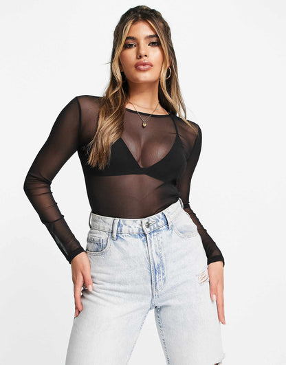 Cropped Long Sleeve Mesh Top