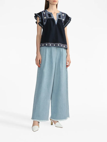 Pleat-Detail Wide-Leg Jeans