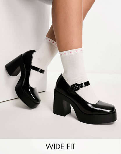 Wide Fit Pound Platform Mary Jane Heeled Shoes