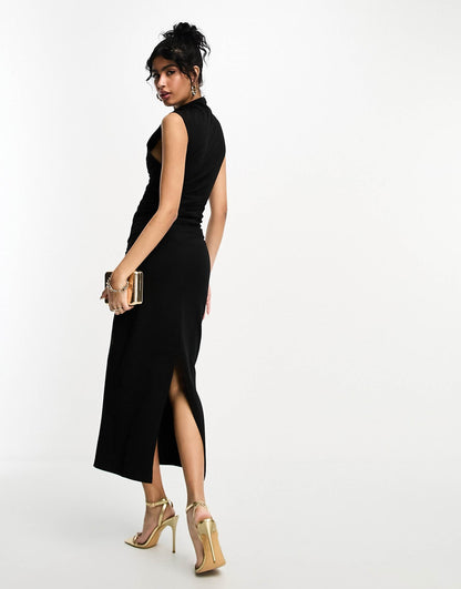 Grown On Neck Midi Dress With Ruched Sides