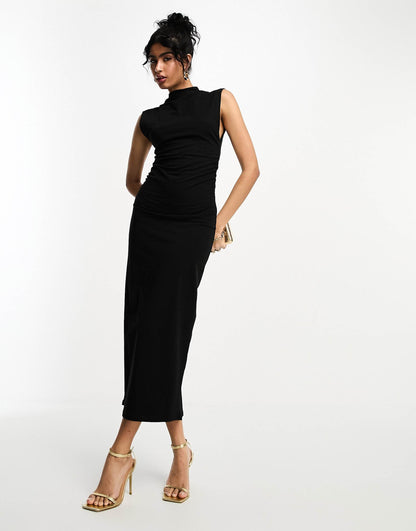 Grown On Neck Midi Dress With Ruched Sides