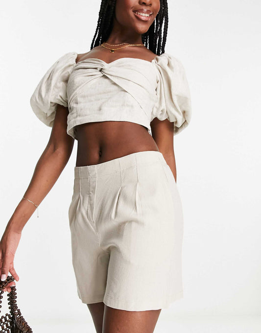 Pleat Front Linen Blend Shorts