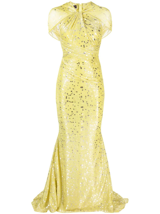 Gathered-Detail Graphic-Print Dress