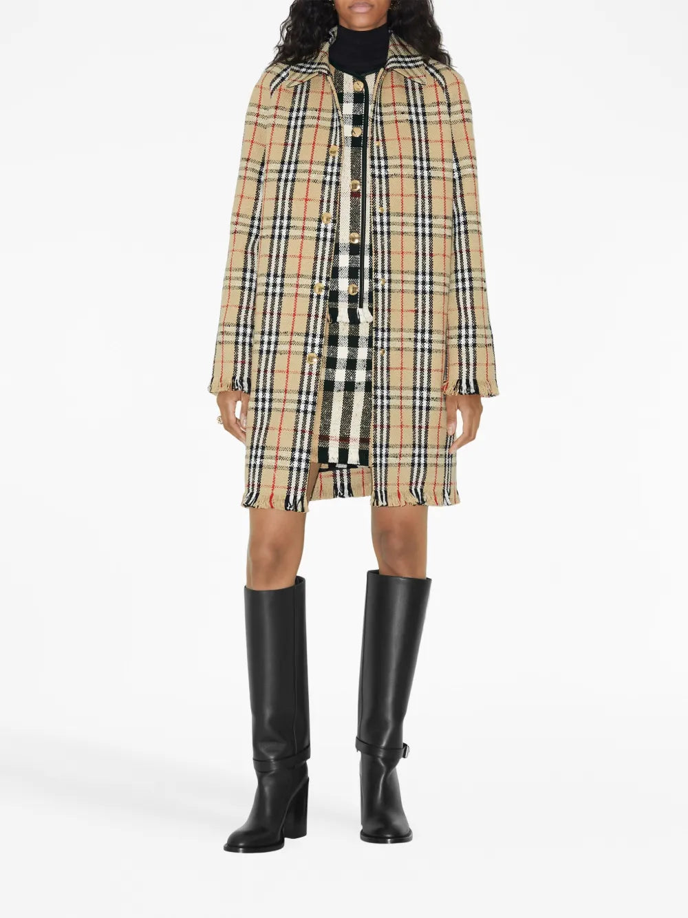 Bouclé Checkered Buttoned Raincoat