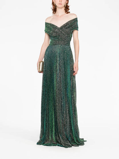 Beaded Off-Shoulder Voile Gown