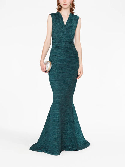 Glitter-Detail V-Neck Gown Dress