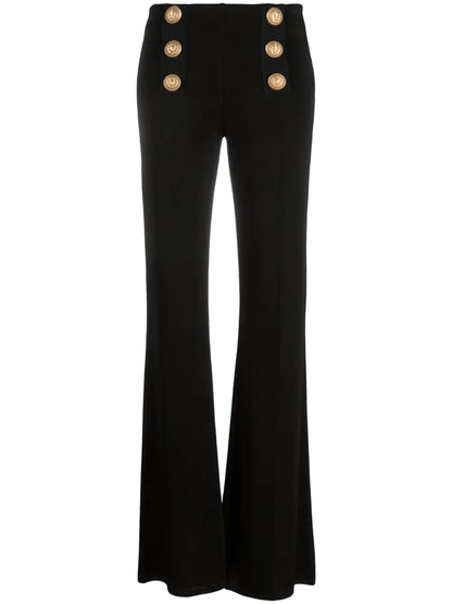 Button-Embellished Flared Trousers