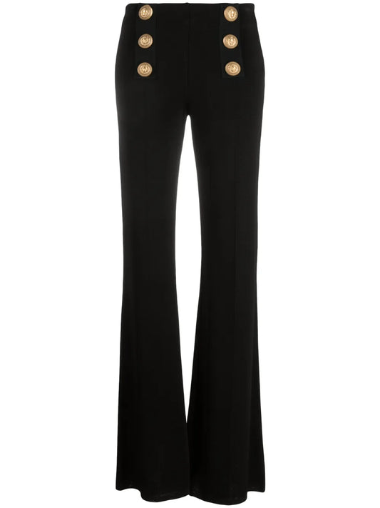 Button-Embellished Flared Trousers