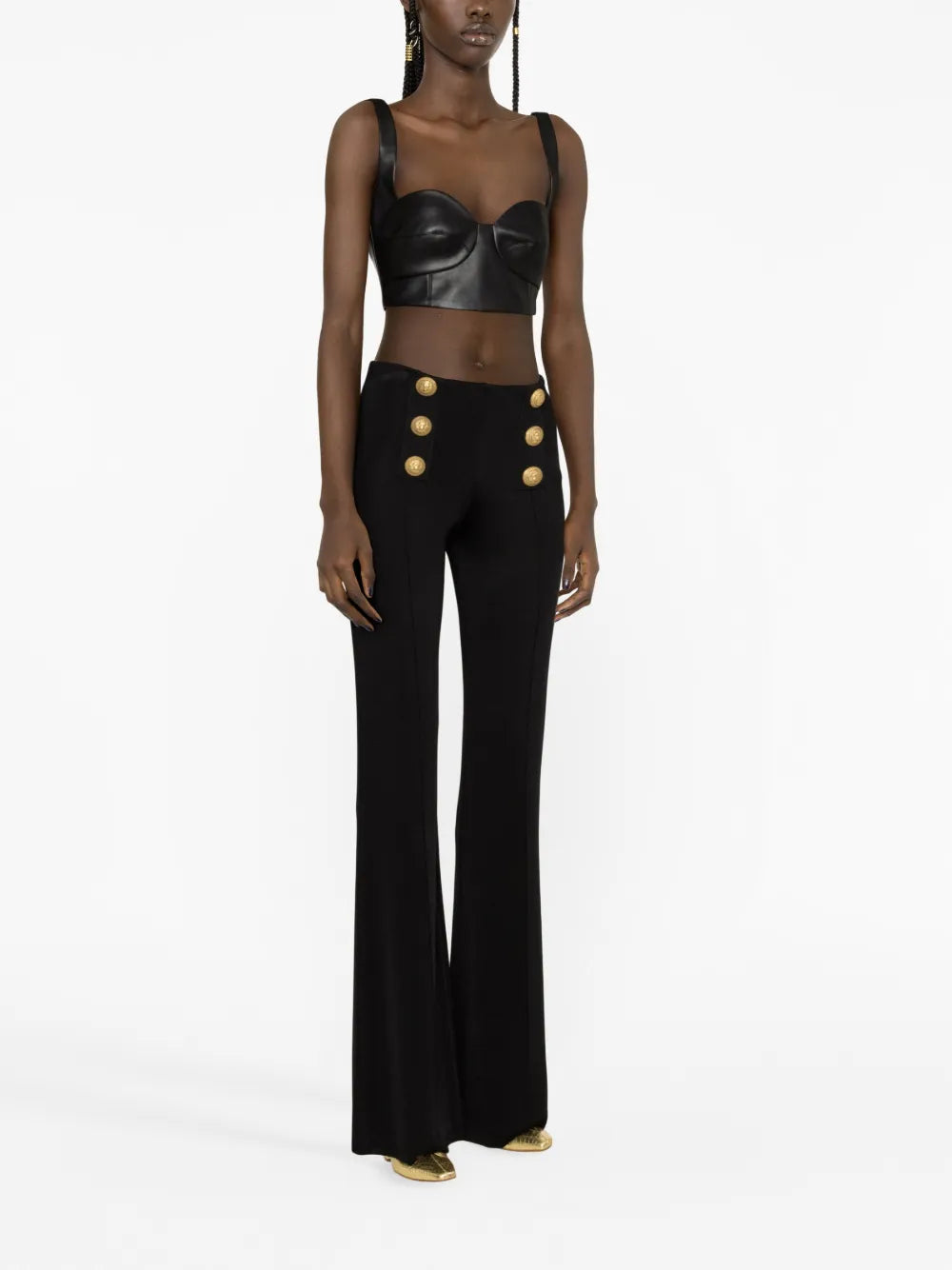Button-Embellished Flared Trousers