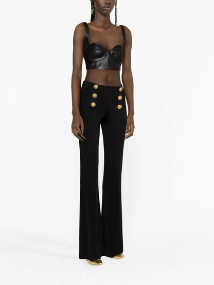 Button-Embellished Flared Trousers