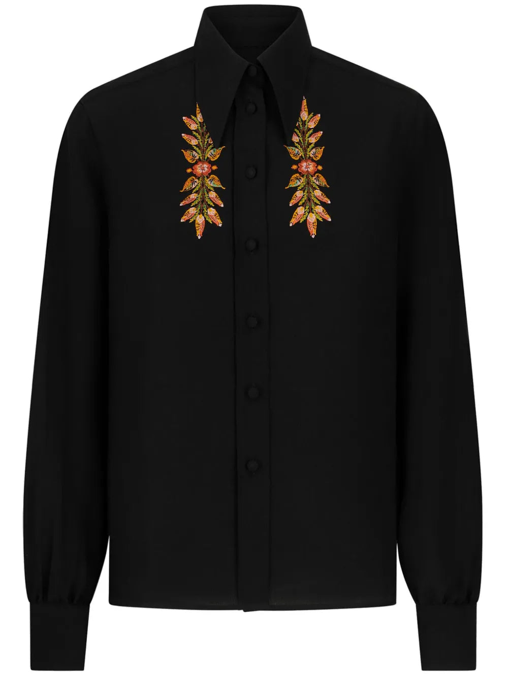 Leaf-Embroidery Silk Shirt