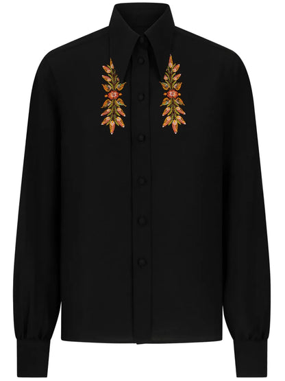 Leaf-Embroidery Silk Shirt