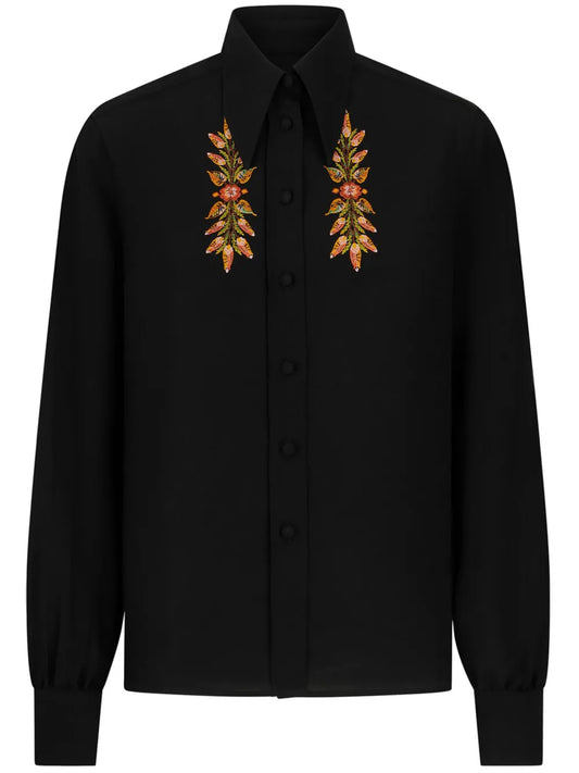 Leaf-Embroidery Silk Shirt