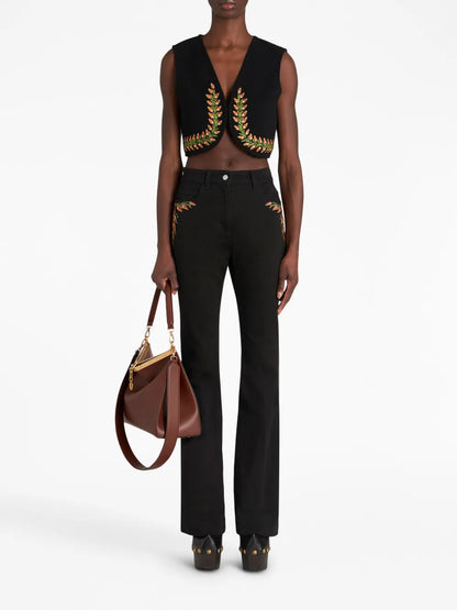 Foliage-Embroidered Mid-Rise Flared Jeans