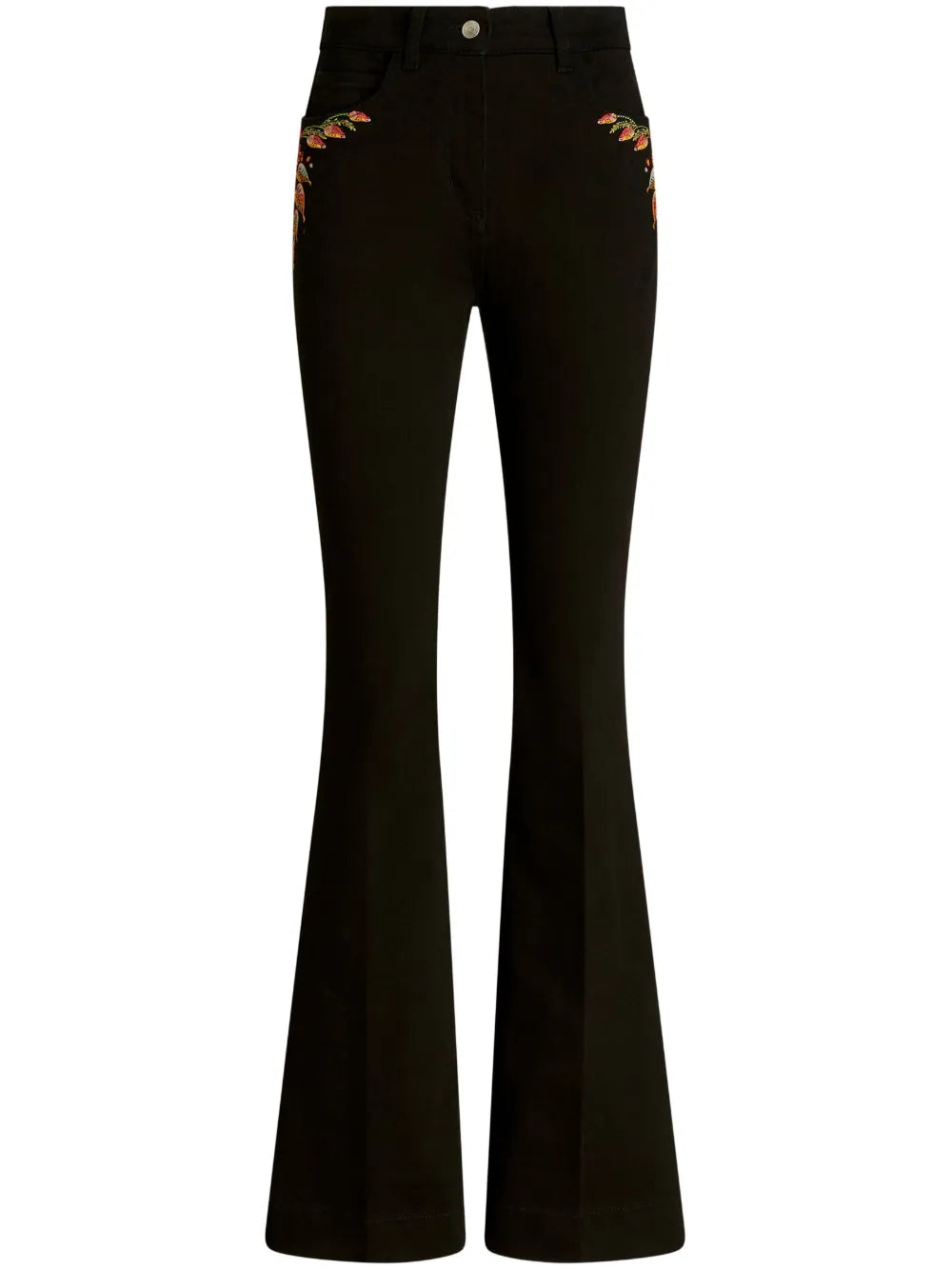 Foliage-Embroidered Mid-Rise Flared Jeans