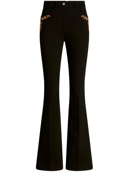 Foliage-Embroidered Mid-Rise Flared Jeans