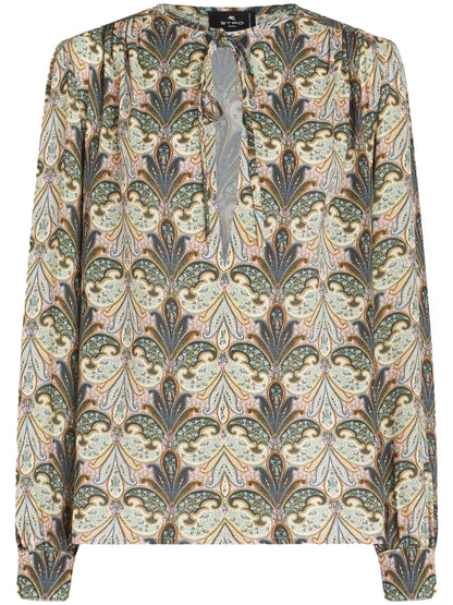 Paisley-Print Front-Tie Blouse