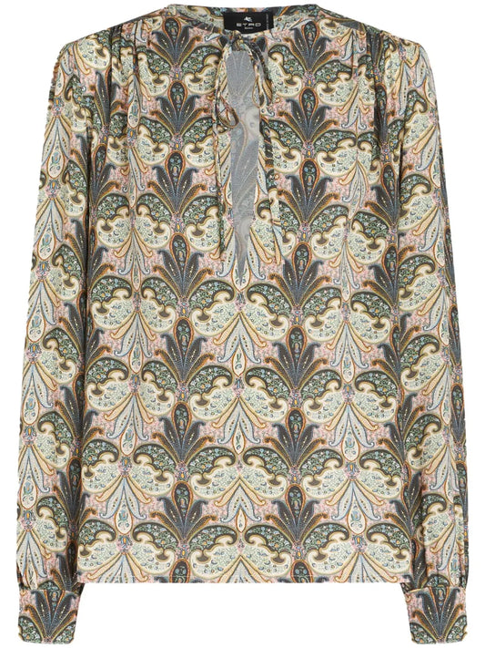 Paisley-Print Front-Tie Blouse