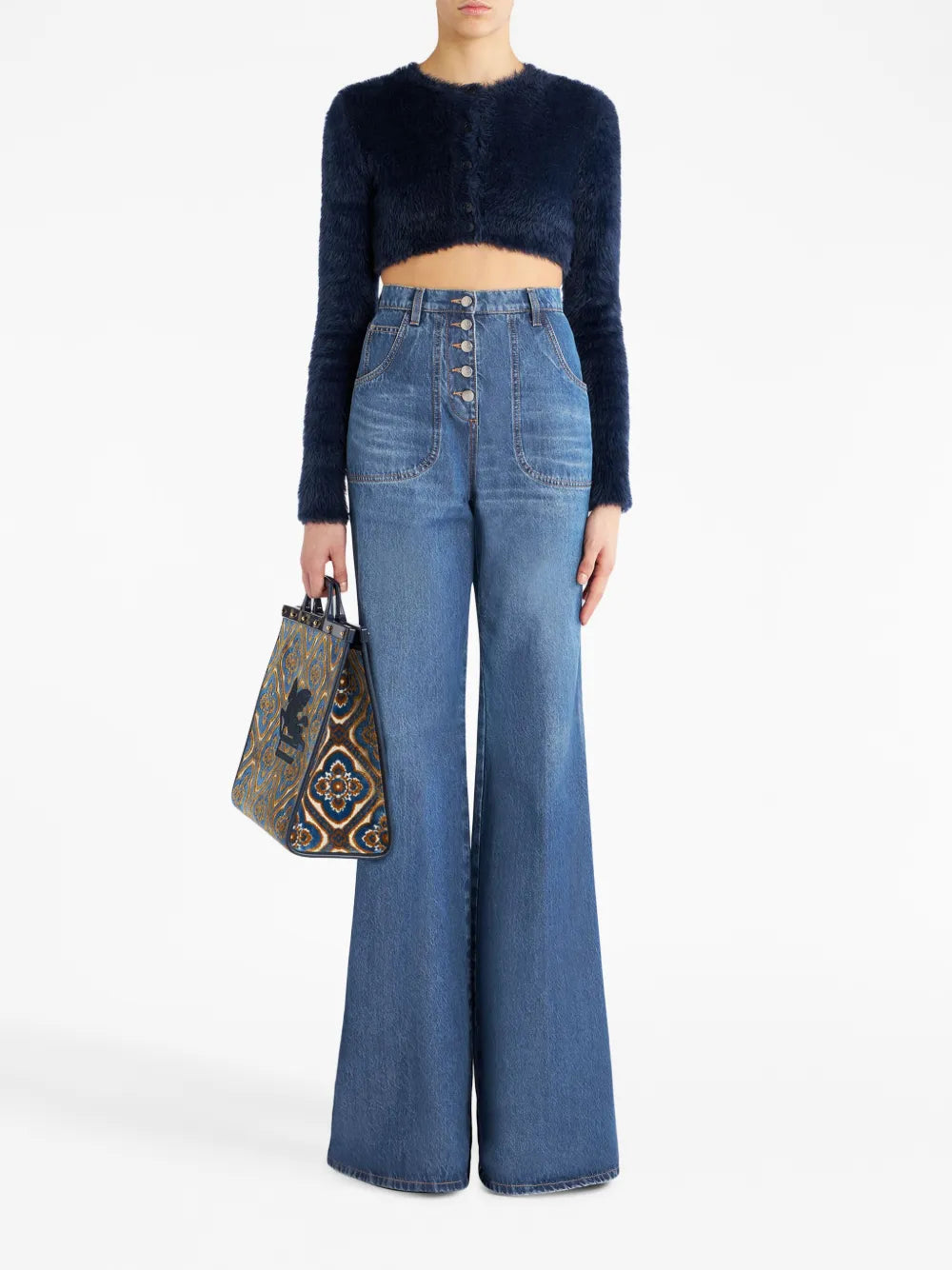 Floral-Embroidered Flared Jeans