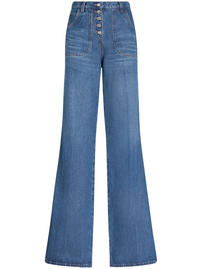 Floral-Embroidered Flared Jeans