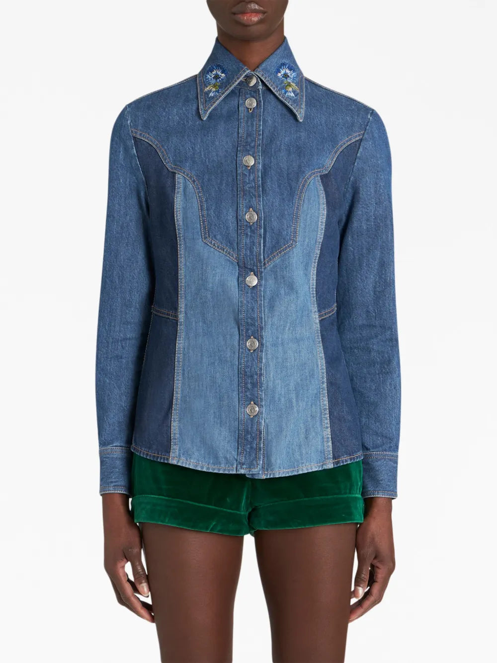 Floral-Embroidered Denim Shirt