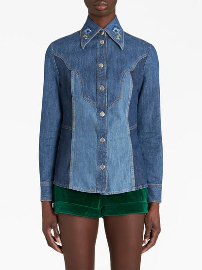 Floral-Embroidered Denim Shirt