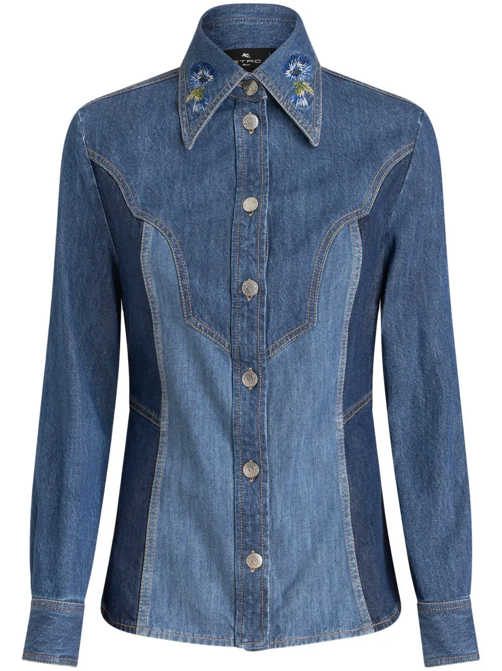 Floral-Embroidered Denim Shirt