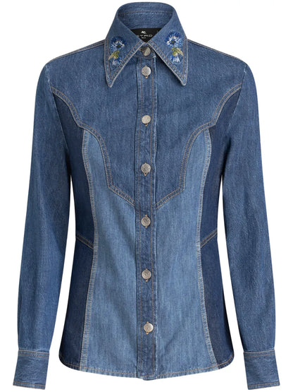 Floral-Embroidered Denim Shirt