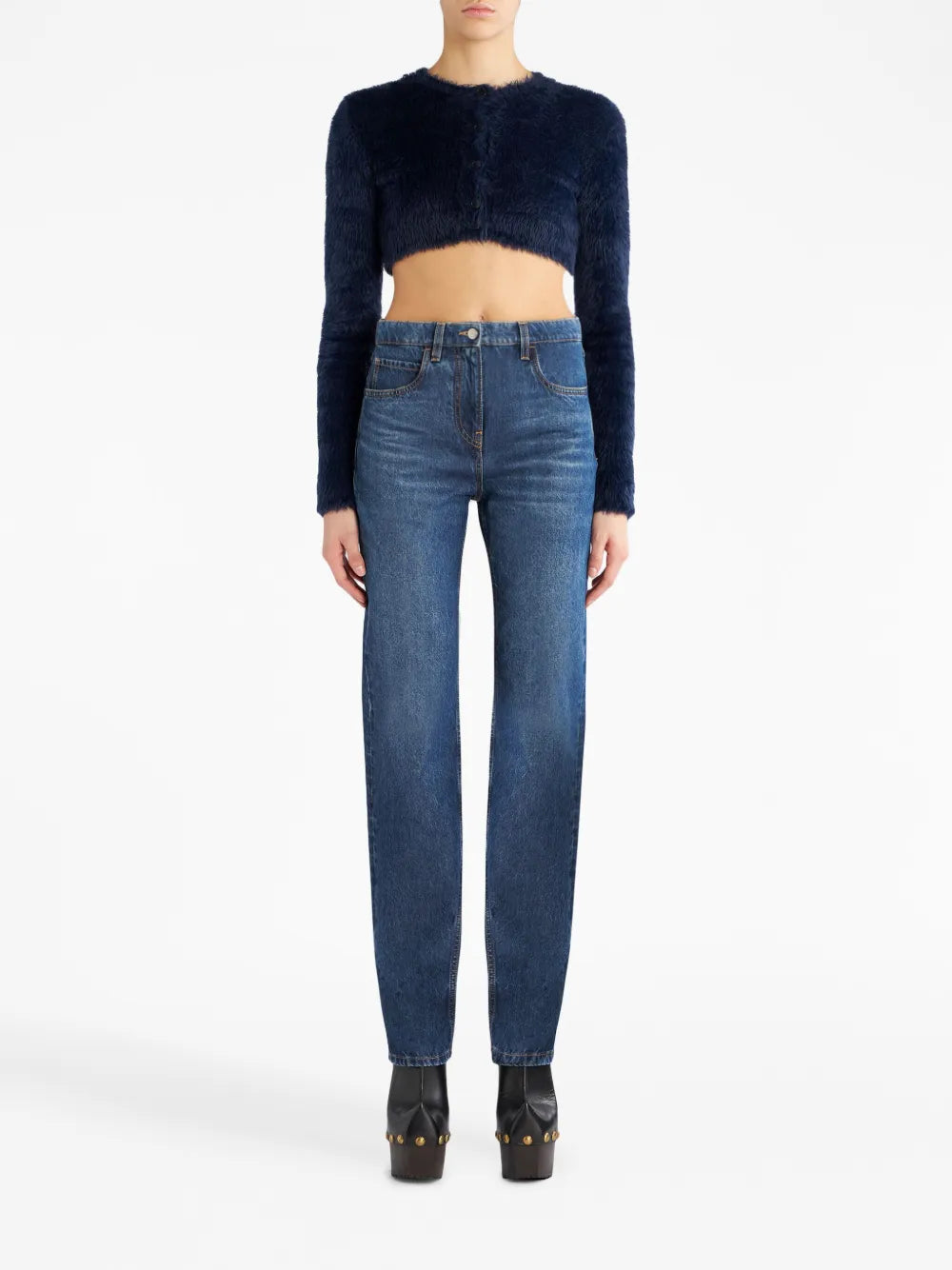 Floral-Embroidered High-Waist Jeans
