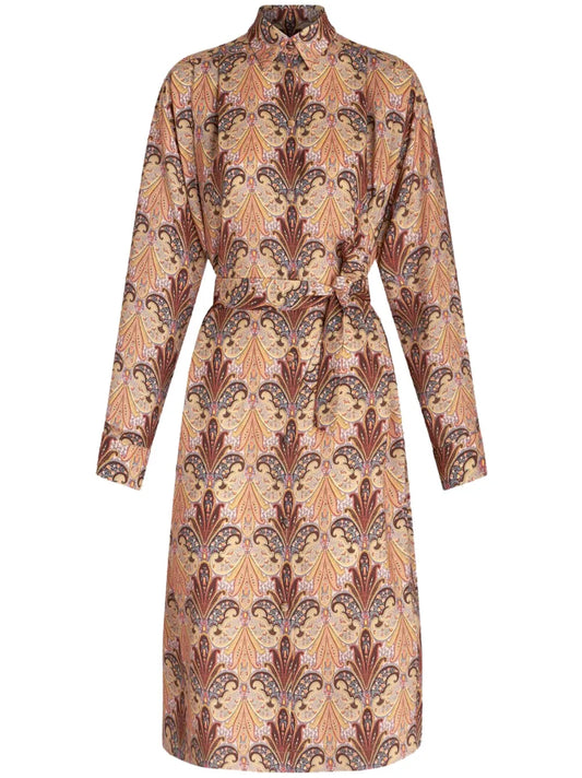Paisley-Print Belted Midi Shirtdress