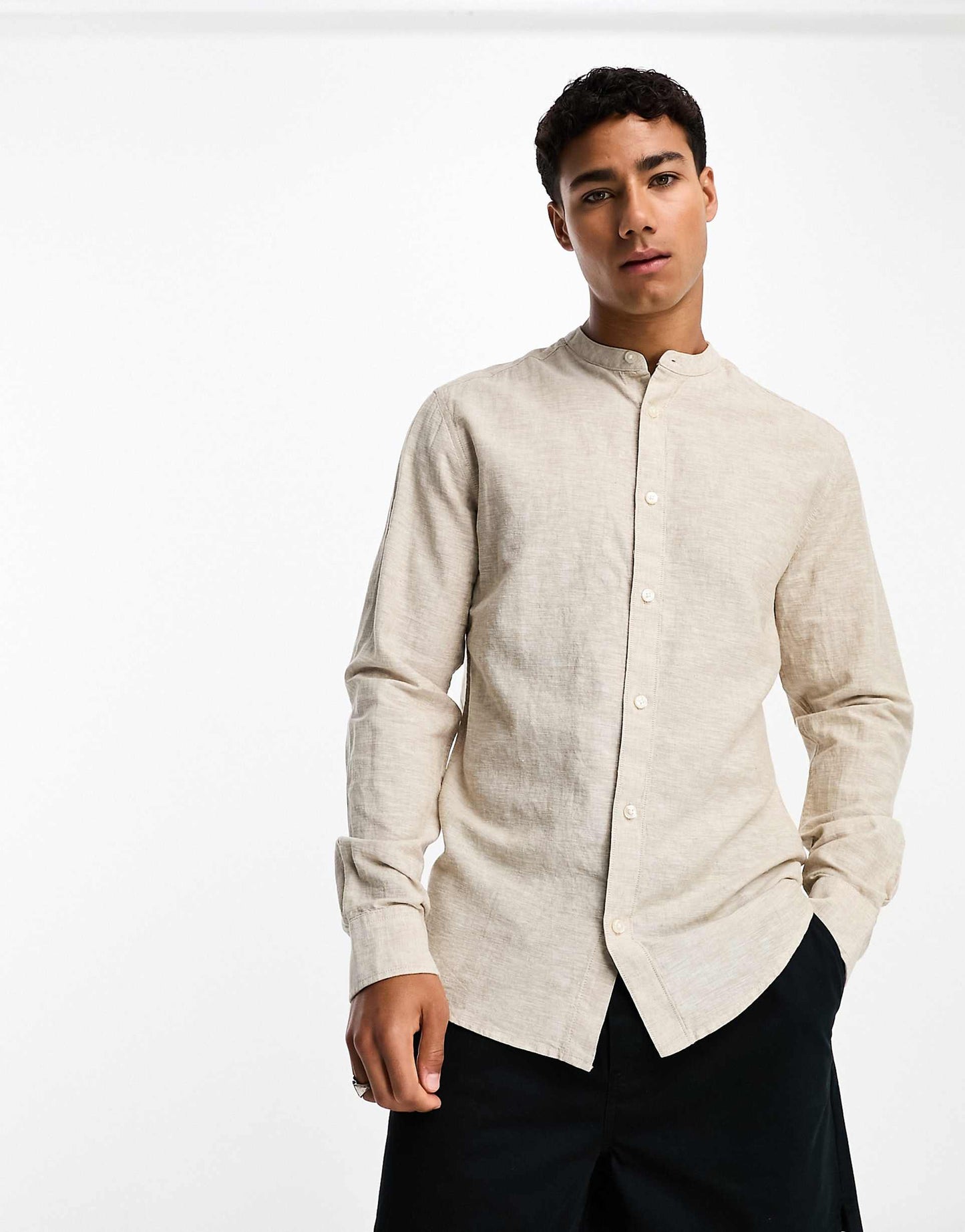 Linen Mix Grandad Collar Shirt