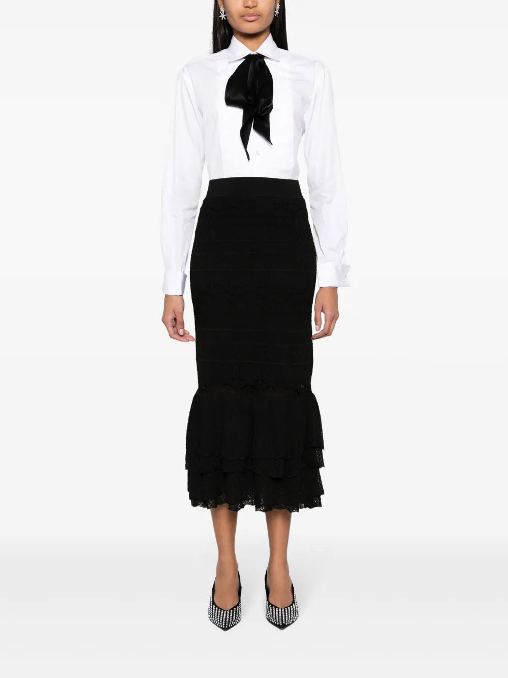 Pointelle-Knit Ruffled Midi Skirt