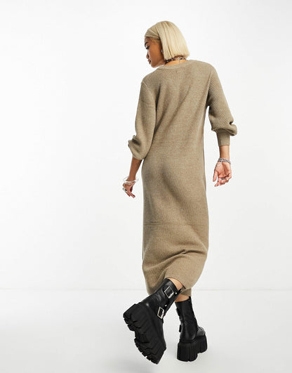 Knitted V Neck Midi Jumper Dress With Balloon Sleeves