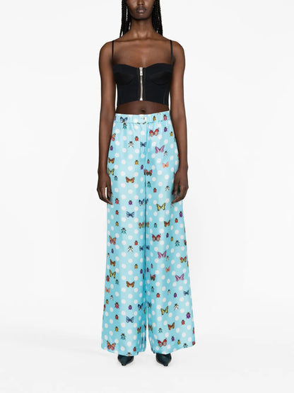 Butterflies Wide-Leg Silk Trousers