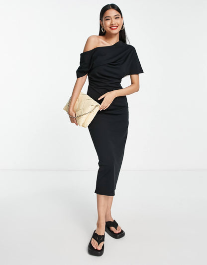 Pleated Shoulder Pencil Midi Dress