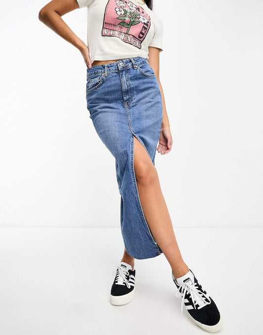 Denim Midi Skirt With Front Split