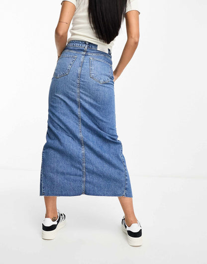 Denim Midi Skirt With Front Split