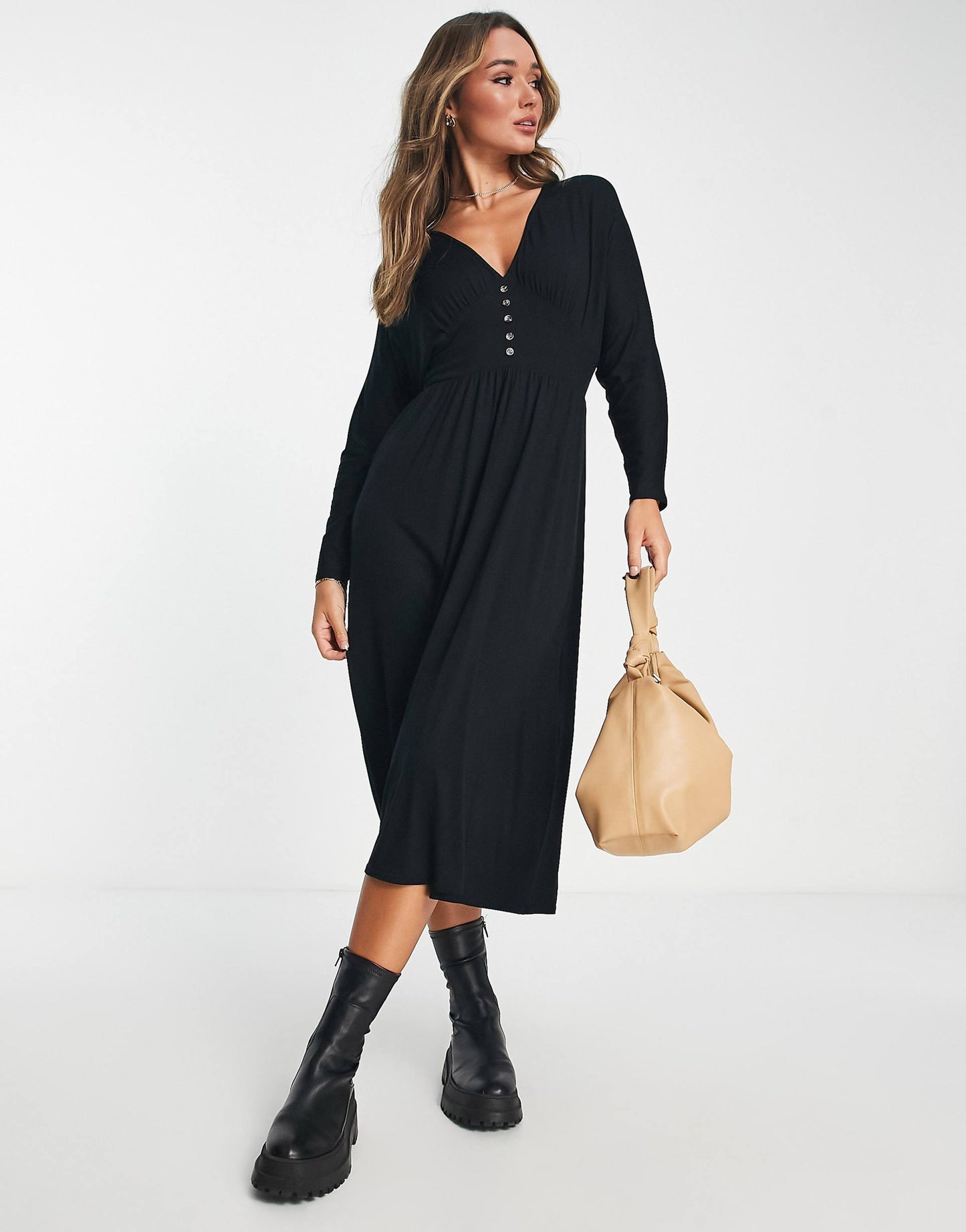 Waisted Long Sleeve Midi Tea Dress With Buttons