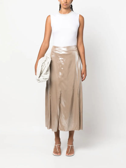 Laminated-Twill Midi Skirt