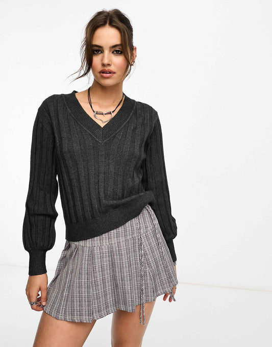 Knitted Rib V Neck Jumper