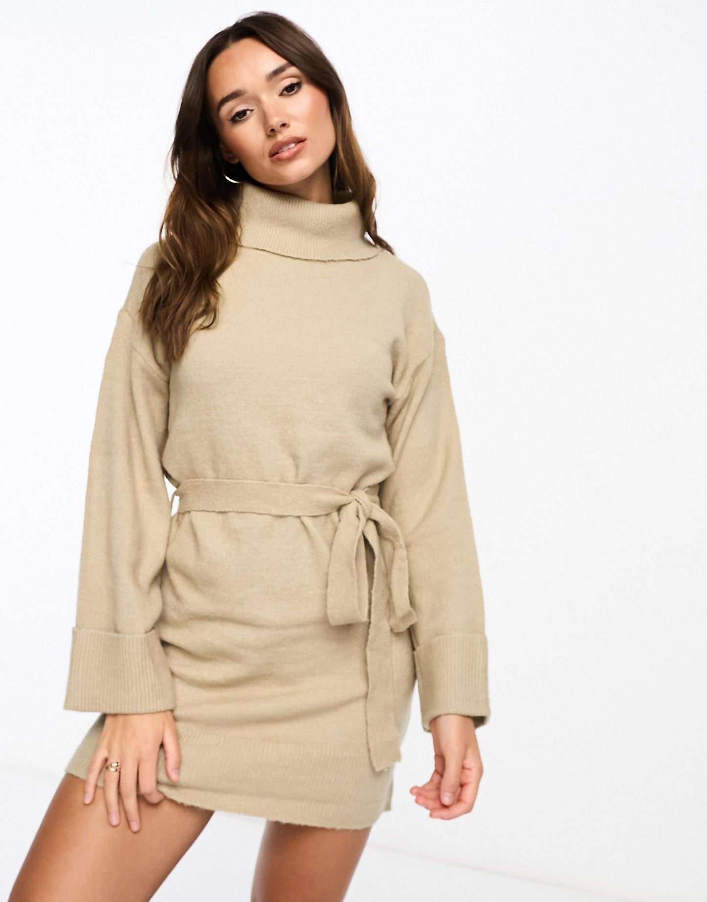Roll Neck Mini Jumper Dress With Tie Waist