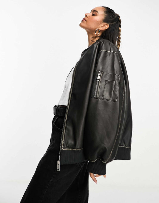 Washed Faux Leather Bomber Jacket