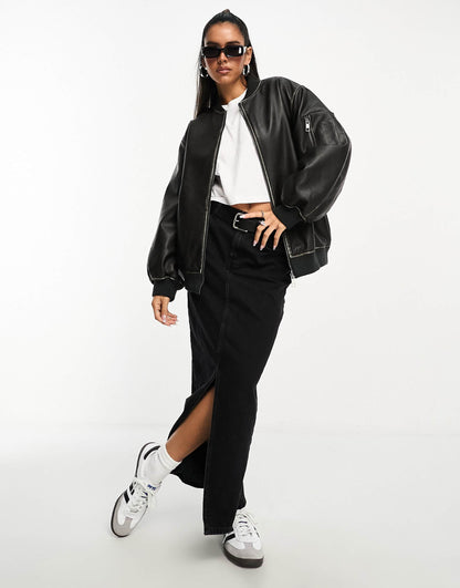 Washed Faux Leather Bomber Jacket