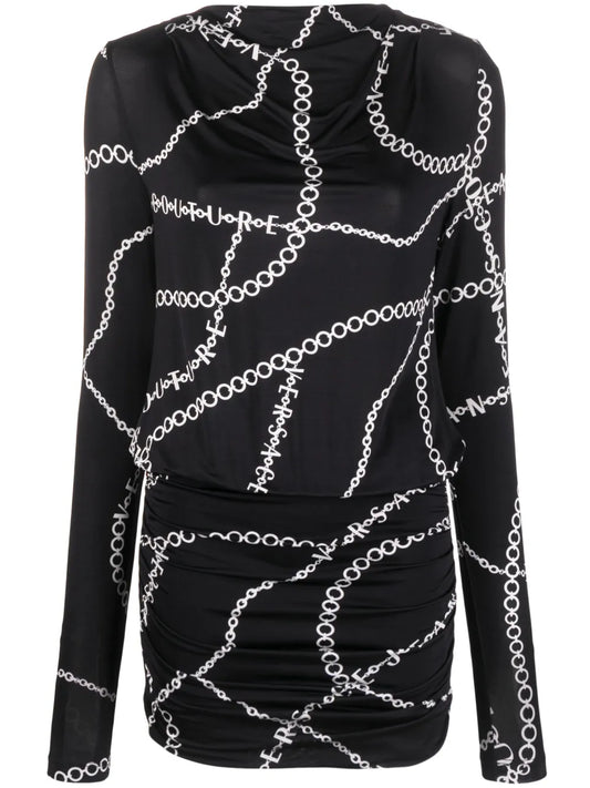 Necklace-Print Open-Back Minidress