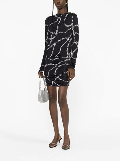 Necklace-Print Open-Back Minidress