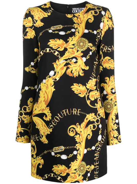 Baroque-Print Long-Sleeve Minidress