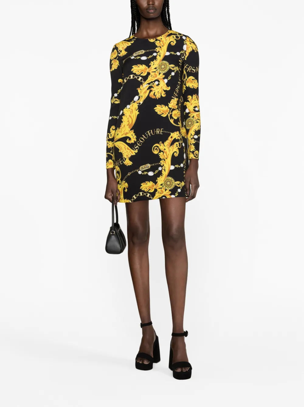 Baroque-Print Long-Sleeve Minidress