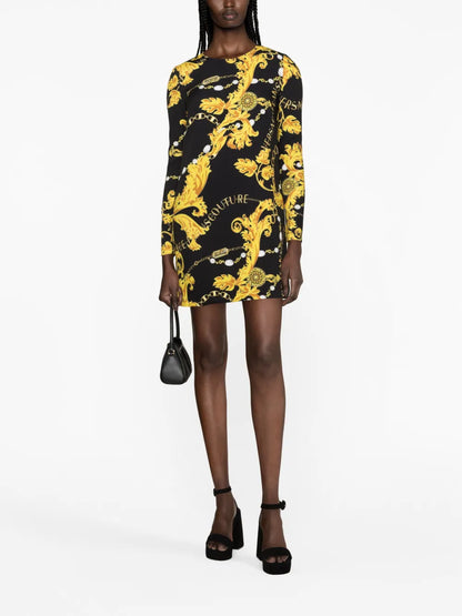 Baroque-Print Long-Sleeve Minidress
