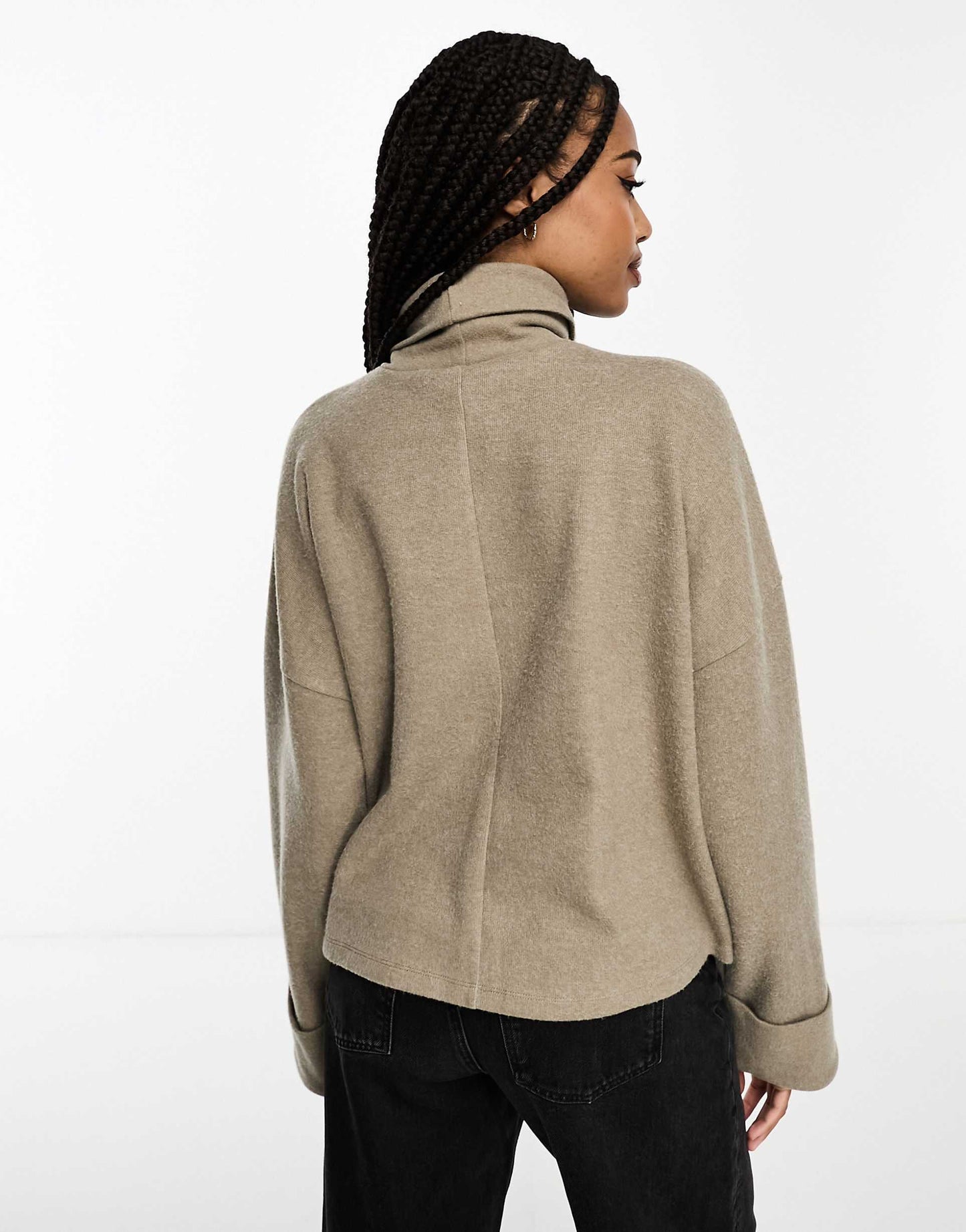 Tall Super Soft Roll Neck With Cuff Detail In Taupe Marl